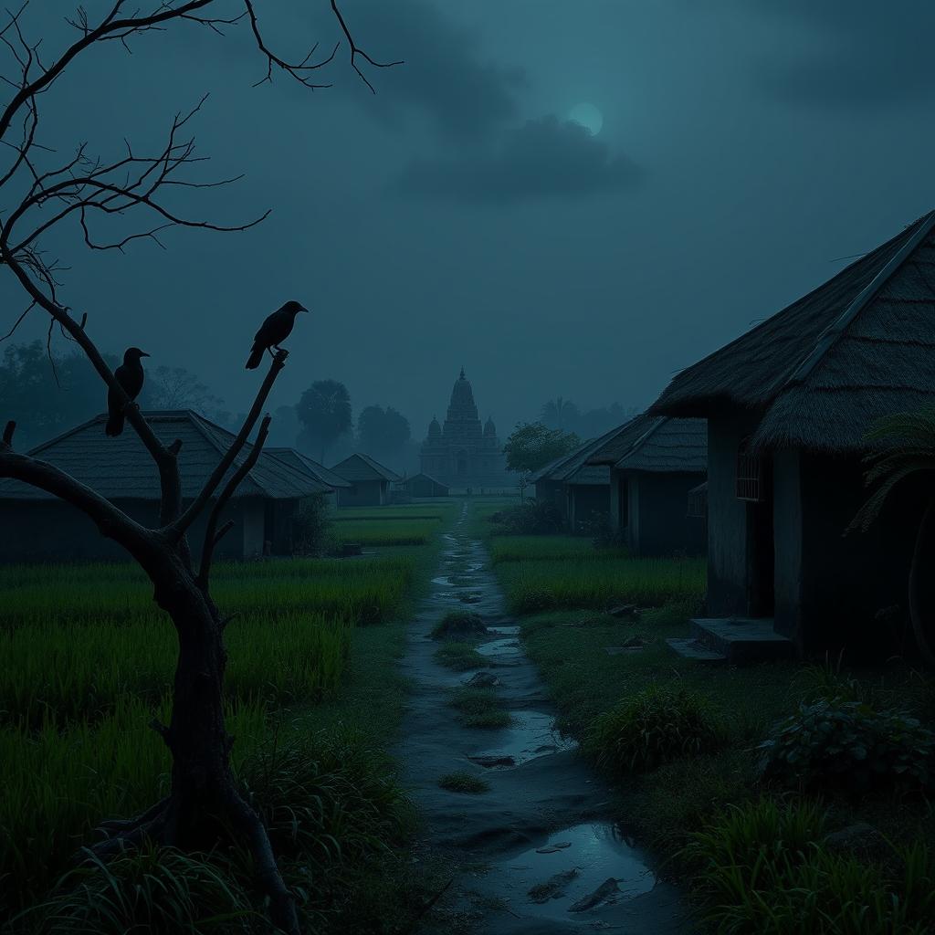 A serene village scene in Kalighat, enveloped in an eerie tranquility, with traditional mud houses and lush green fields under a dusky sky, casting long shadows