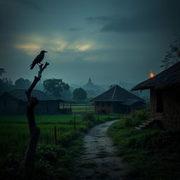 A serene village scene in Kalighat, enveloped in an eerie tranquility, with traditional mud houses and lush green fields under a dusky sky, casting long shadows