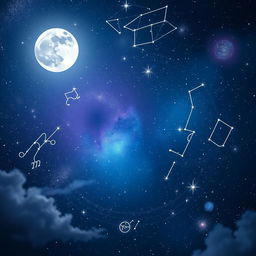 A mesmerizing astrology-themed background featuring a starry night sky filled with twinkling stars and constellations