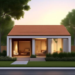 Draw a compact, 600 square foot house boasting a single cozy living room, attached garage, welcoming veranda and a comfortable bedroom