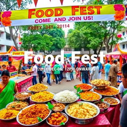 A vibrant and colorful food festival scene at the Atria Institute of Technology, showcasing a variety of traditional dishes from Madhya Pradesh