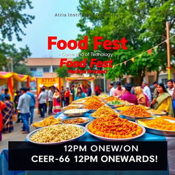 A vibrant and colorful food festival scene at the Atria Institute of Technology, showcasing a variety of traditional dishes from Madhya Pradesh