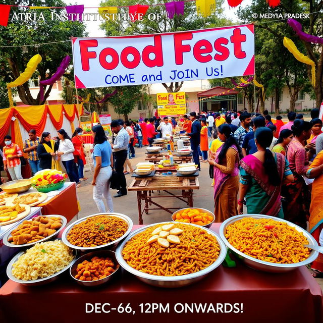 A vibrant and colorful food festival scene at the Atria Institute of Technology, showcasing a variety of traditional dishes from Madhya Pradesh