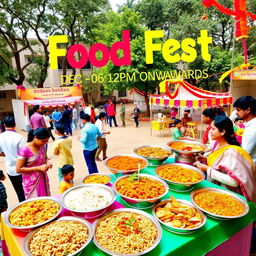 A vibrant and colorful food festival scene at the Atria Institute of Technology, showcasing a variety of traditional dishes from Madhya Pradesh