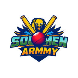 A vibrant and dynamic logo design for the 'Soumen Army' cricket team, featuring a stylized cricket bat and ball at the center