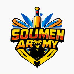 A vibrant and dynamic logo design for the 'Soumen Army' cricket team, featuring a stylized cricket bat and ball at the center