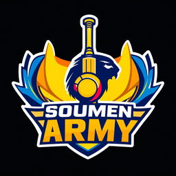 A vibrant and dynamic logo design for the 'Soumen Army' cricket team, featuring a stylized cricket bat and ball at the center