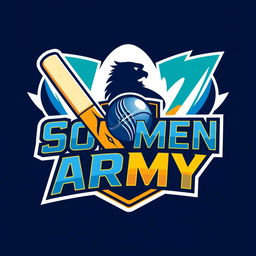 A vibrant and dynamic logo design for the 'Soumen Army' cricket team, featuring a stylized cricket bat and ball at the center