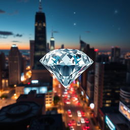 A stunning diamond sparkling amidst an urban cityscape at night, reflecting colorful city lights