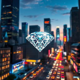 A stunning diamond sparkling amidst an urban cityscape at night, reflecting colorful city lights