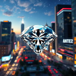 A stunning diamond sparkling amidst an urban cityscape at night, reflecting colorful city lights