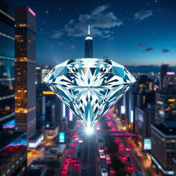 A stunning diamond sparkling amidst an urban cityscape at night, reflecting colorful city lights