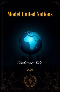 A dark themed Model United Nations cover page, featuring a stylized globe partially illuminated by dim, moody lighting