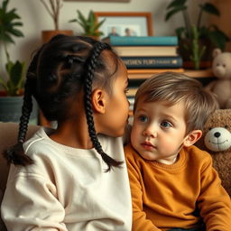 A scene featuring an older sister with two braids, softly whispering in the ear of her younger brother