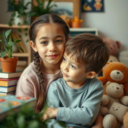 A scene featuring an older sister with two braids, softly whispering in the ear of her younger brother