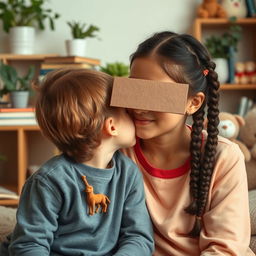 A scene featuring an older sister with two braids, softly whispering in the ear of her younger brother