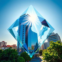 In the city of Akhisar, transform one of its distinctive buildings into a dazzling diamond shape, with sharp facets and sparkling surfaces that reflect the surrounding environment