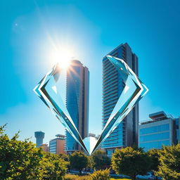 In the city of Akhisar, transform one of its distinctive buildings into a dazzling diamond shape, with sharp facets and sparkling surfaces that reflect the surrounding environment