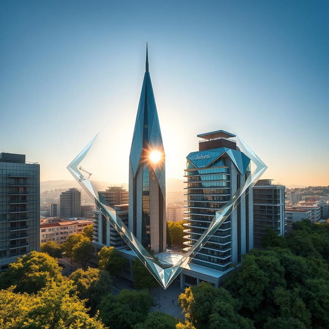 In the city of Akhisar, transform one of its distinctive buildings into a dazzling diamond shape, with sharp facets and sparkling surfaces that reflect the surrounding environment