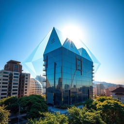 In the city of Akhisar, transform one of its distinctive buildings into a dazzling diamond shape, with sharp facets and sparkling surfaces that reflect the surrounding environment