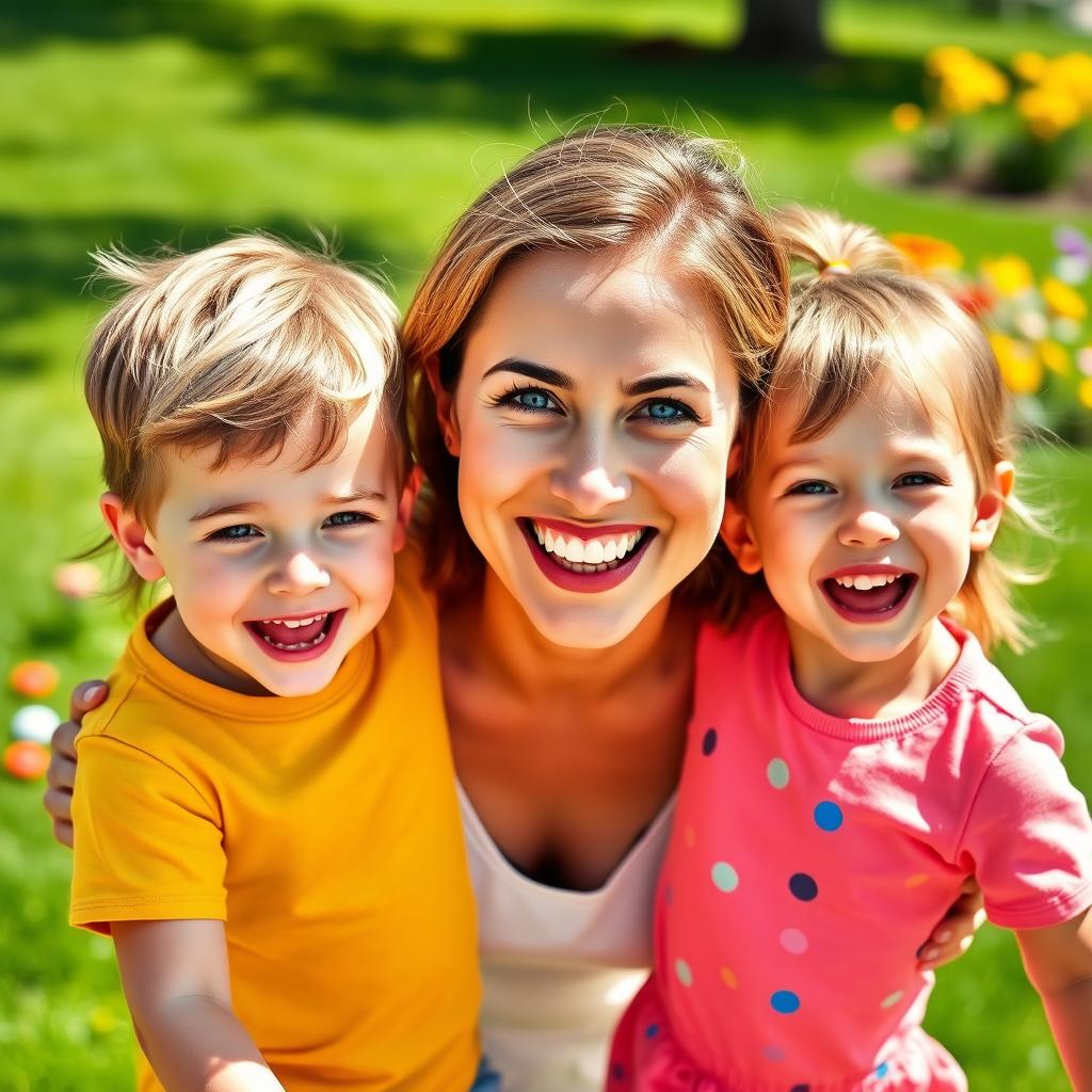 A joyful scene featuring a mother with bright blue eyes, surrounded by her laughing twins