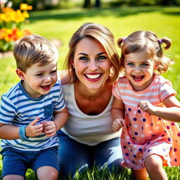 A joyful scene featuring a mother with bright blue eyes, surrounded by her laughing twins