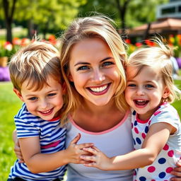 A joyful scene featuring a mother with bright blue eyes, surrounded by her laughing twins
