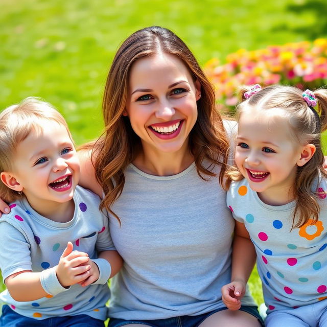 A joyful scene featuring a mother with bright blue eyes, surrounded by her laughing twins