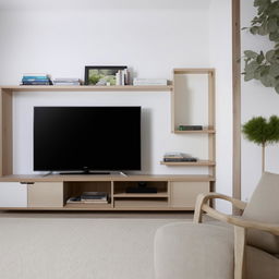 Living room featuring an L-shaped furniture setup designed specifically for a TV, with built-in shelving and storage