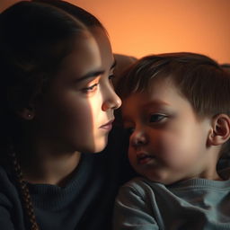 A cozy scene featuring an older sister with two braids, gently whispering into the ear of her younger brother