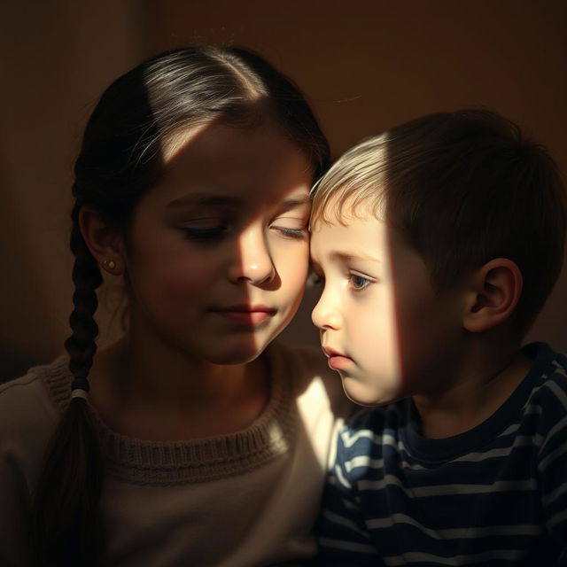 A cozy scene featuring an older sister with two braids, gently whispering into the ear of her younger brother