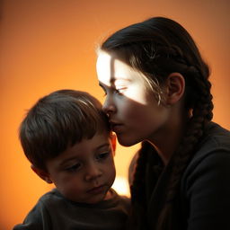 A cozy scene featuring an older sister with two braids, gently whispering into the ear of her younger brother