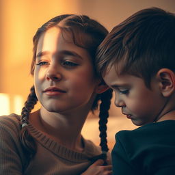 A cozy scene featuring an older sister with two braids, gently whispering into the ear of her younger brother