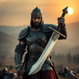 A brave Islamic warrior dressed in intricate ancient armor with detailed engravings and a metallic sheen, striking a confident pose against a misty battlefield at dawn