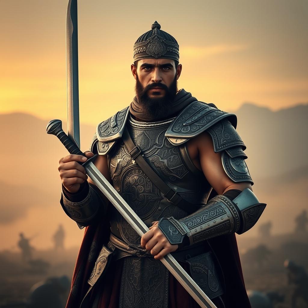 A brave Islamic warrior dressed in intricate ancient armor with detailed engravings and a metallic sheen, striking a confident pose against a misty battlefield at dawn