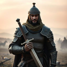 A brave Islamic warrior dressed in intricate ancient armor with detailed engravings and a metallic sheen, striking a confident pose against a misty battlefield at dawn