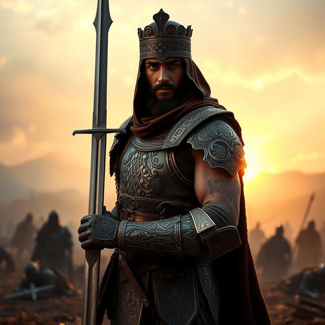 A brave Islamic warrior dressed in intricate ancient armor with detailed engravings and a metallic sheen, striking a confident pose against a misty battlefield at dawn