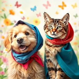 A whimsical and amusing scene featuring a dog and a cat both playfully wearing colorful hijabs
