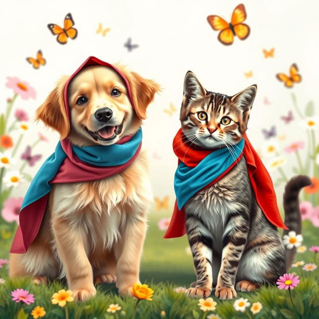 A whimsical and amusing scene featuring a dog and a cat both playfully wearing colorful hijabs