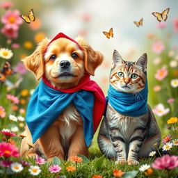 A whimsical and amusing scene featuring a dog and a cat both playfully wearing colorful hijabs