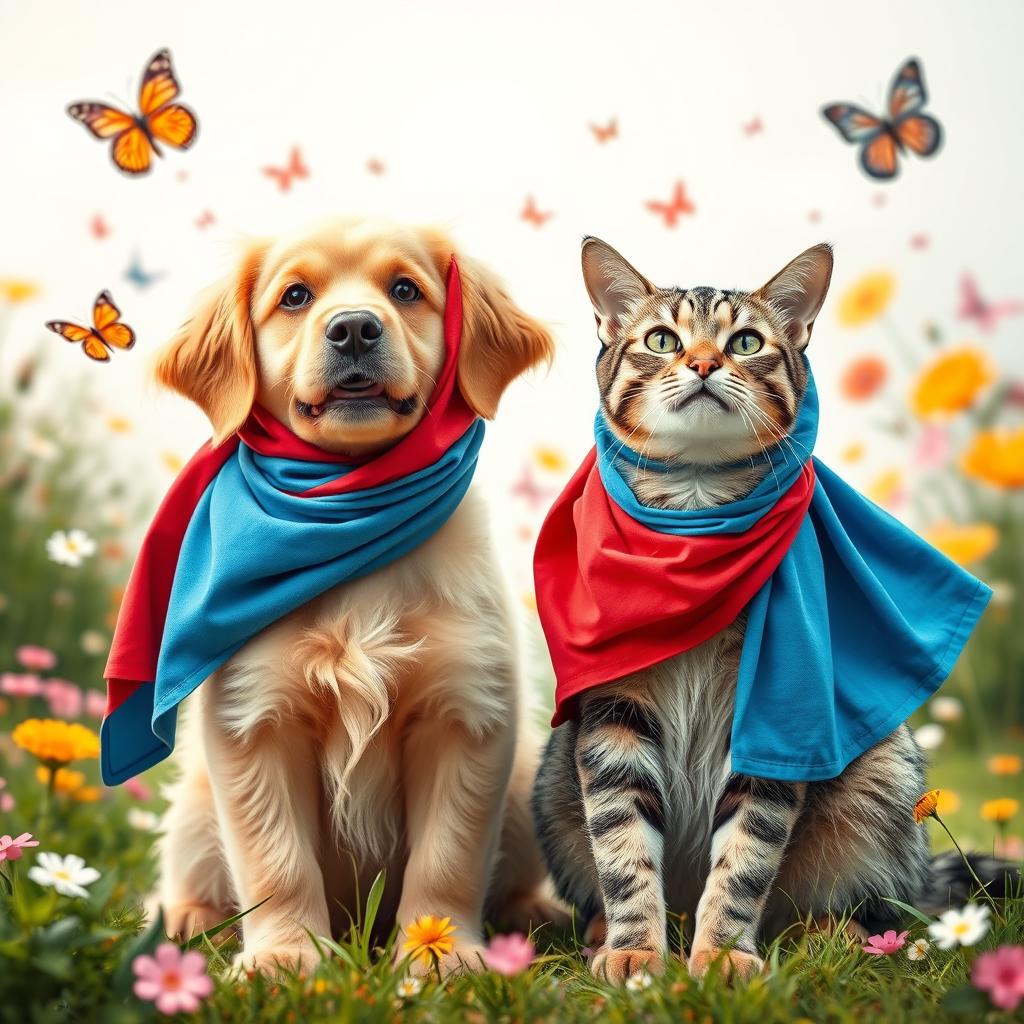 A whimsical and amusing scene featuring a dog and a cat both playfully wearing colorful hijabs