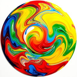 A vibrant round abstract painting featuring swirling patterns of bright colors including red, blue, yellow, and green, with a glossy finish that creates a sense of depth