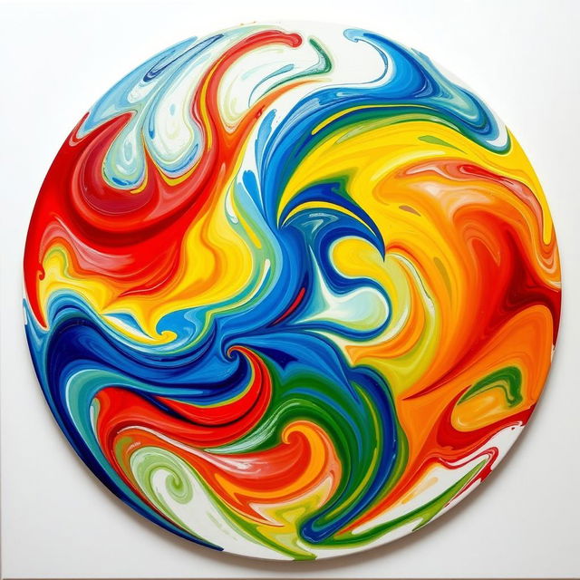 A vibrant round abstract painting featuring swirling patterns of bright colors including red, blue, yellow, and green, with a glossy finish that creates a sense of depth