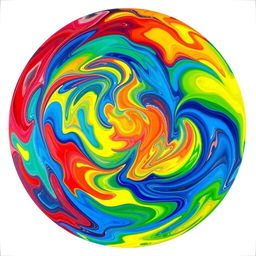 A vibrant round abstract painting featuring swirling patterns of bright colors including red, blue, yellow, and green, with a glossy finish that creates a sense of depth