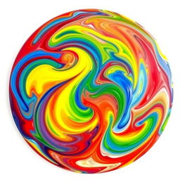 A vibrant round abstract painting featuring swirling patterns of bright colors including red, blue, yellow, and green, with a glossy finish that creates a sense of depth