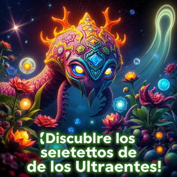 A captivating thumbnail for a video titled '¡Descubre los secretos de los Ultraentes!', showcasing a mysterious and colorful world filled with various Ultraent creatures