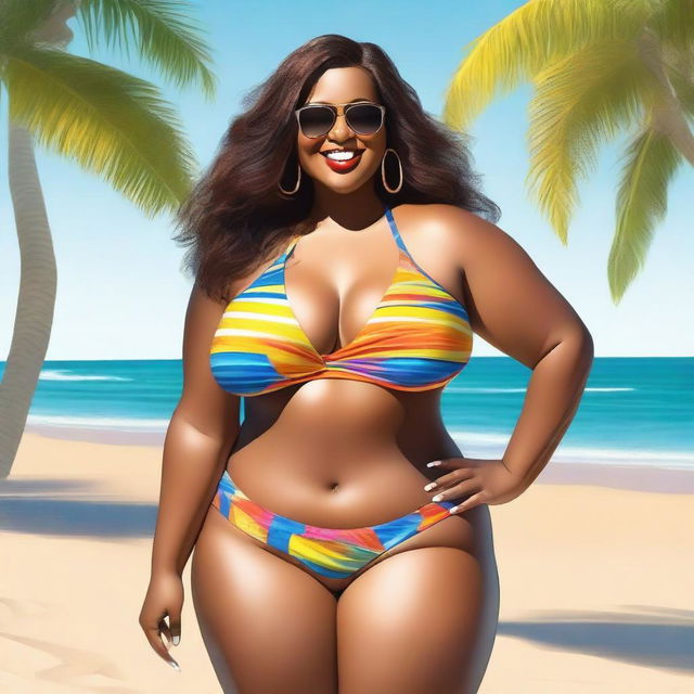 This is a high-quality, realistic digital art image featuring a confident woman in a stylish bikini