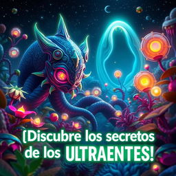 A captivating thumbnail for a video titled '¡Descubre los secretos de los Ultraentes!', showcasing a mysterious and colorful world filled with various Ultraent creatures