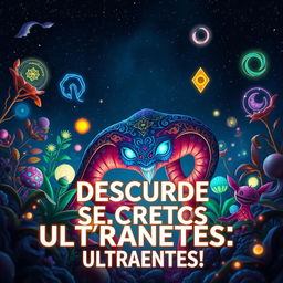 A captivating thumbnail for a video titled '¡Descubre los secretos de los Ultraentes!', showcasing a mysterious and colorful world filled with various Ultraent creatures