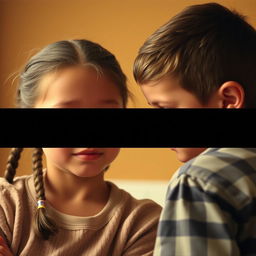 A scene depicting an older sister with two braids, softly whispering into the ear of her younger brother